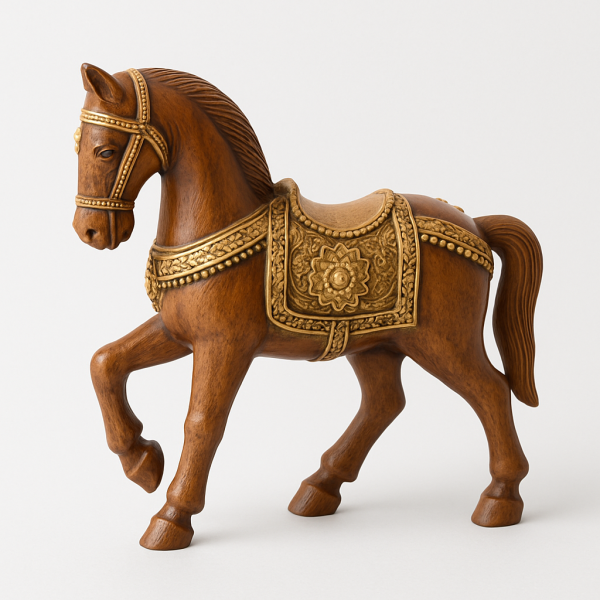 Ornamental Wooden Horse Statue with Golden Accents